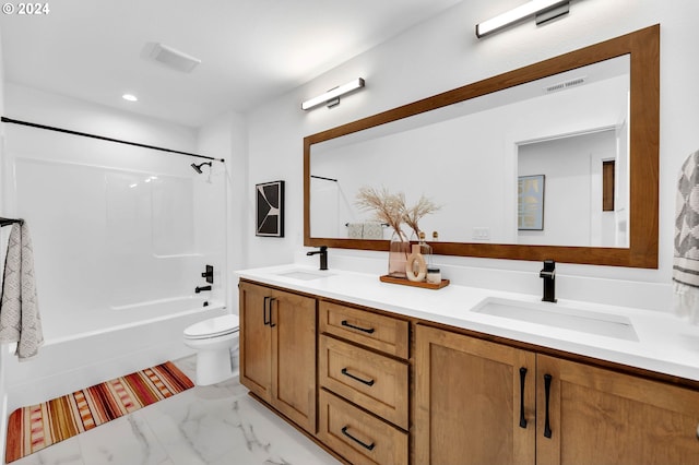 full bathroom with toilet, vanity, and shower / tub combination