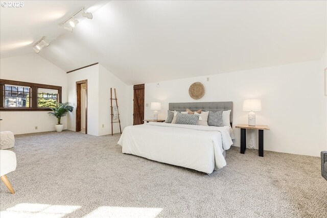 bedroom with track lighting, light carpet, and lofted ceiling