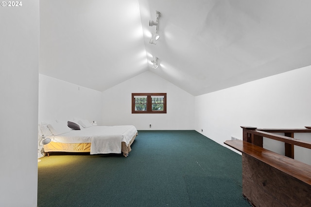 carpeted bedroom with track lighting and vaulted ceiling