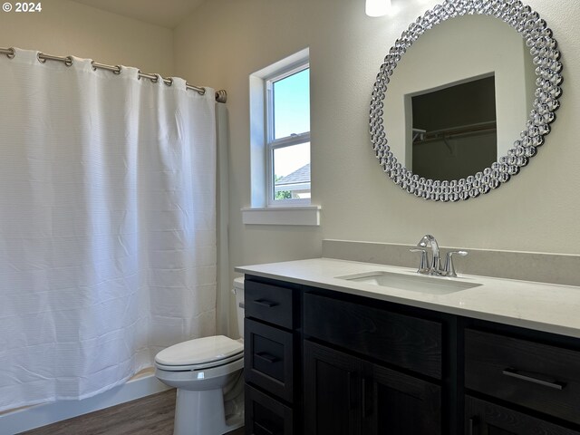 bathroom featuring vanity, curtained shower, wood-type flooring, and toilet