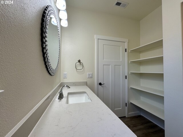 bathroom with vanity and hardwood / wood-style floors