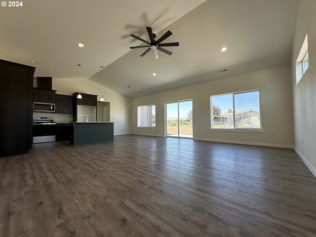 unfurnished living room with dark hardwood / wood-style flooring, sink, high vaulted ceiling, and ceiling fan