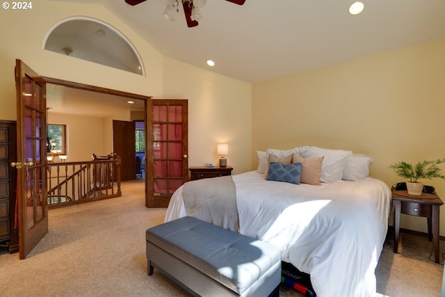 bedroom with light carpet, recessed lighting, and high vaulted ceiling