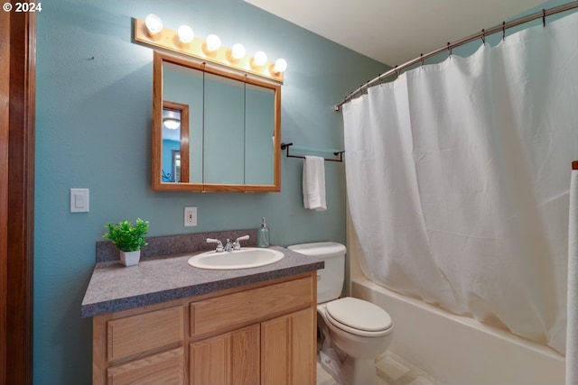 bathroom with toilet, shower / tub combo with curtain, and vanity