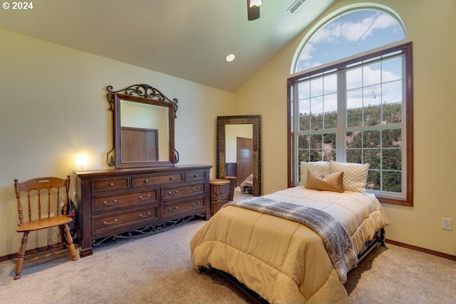 bedroom featuring ceiling fan, baseboards, lofted ceiling, and carpet