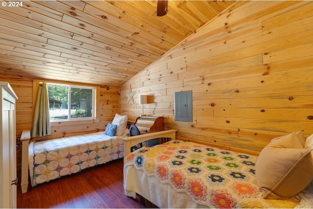 bedroom with wood finished floors, wooden walls, electric panel, and wood ceiling