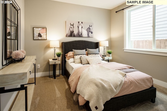 bedroom with light colored carpet and multiple windows