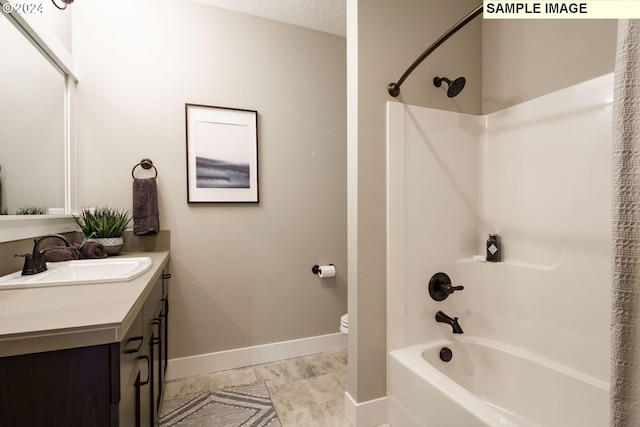 full bathroom featuring a textured ceiling, vanity, toilet, and shower / bathtub combination with curtain