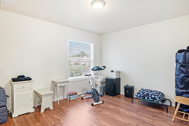 workout area with hardwood / wood-style flooring and a textured ceiling