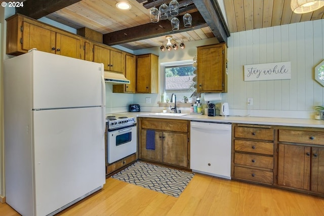 kitchen featuring wood ceiling, white appliances, sink, light hardwood / wood-style flooring, and beamed ceiling