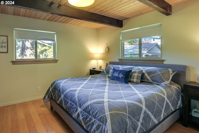 bedroom with wood-type flooring, multiple windows, wooden ceiling, and beam ceiling