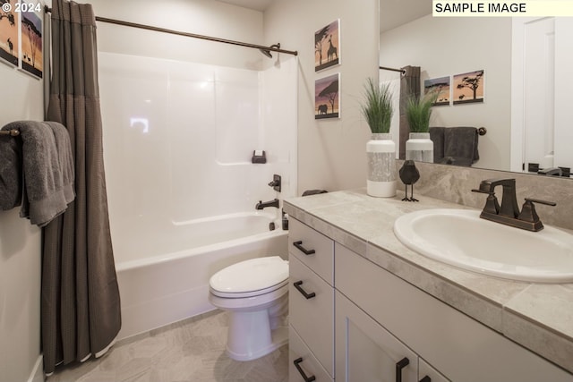 bathroom with shower / bath combination with curtain, vanity, and toilet