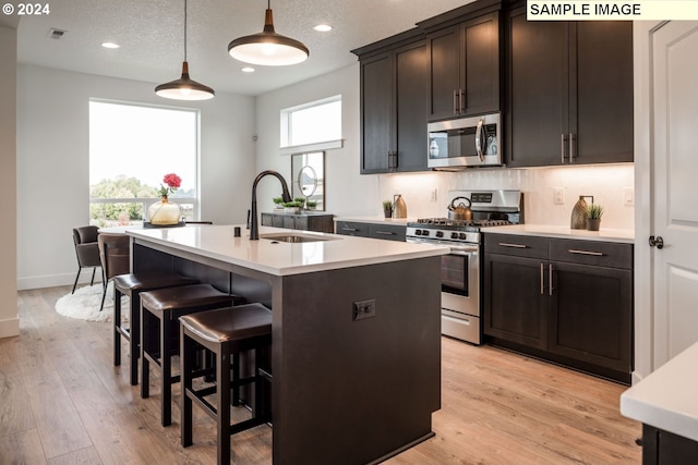 kitchen with tasteful backsplash, light hardwood / wood-style flooring, sink, an island with sink, and appliances with stainless steel finishes