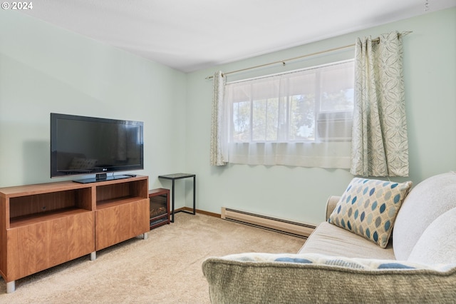 carpeted living room with a baseboard heating unit