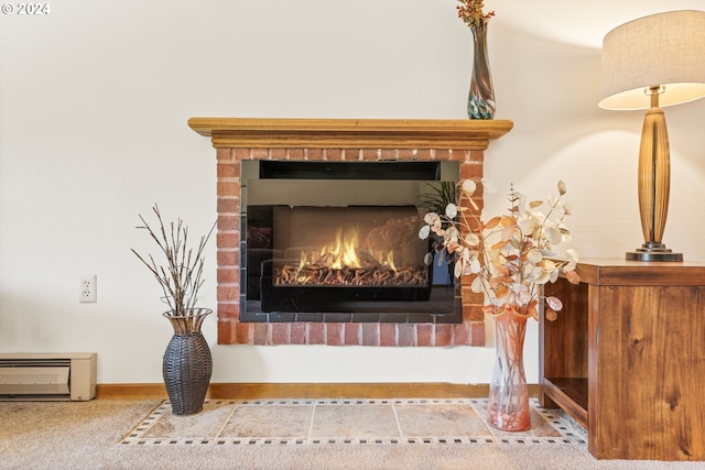 details featuring a brick fireplace