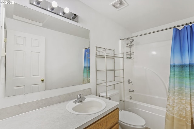 full bathroom featuring vanity, toilet, and shower / bathtub combination with curtain