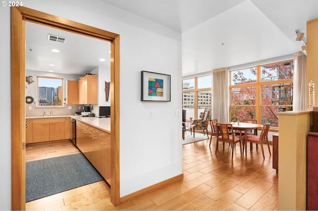 kitchen featuring stainless steel dishwasher, light brown cabinetry, sink, and light wood-type flooring