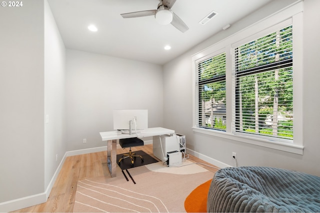 office featuring ceiling fan and wood-type flooring