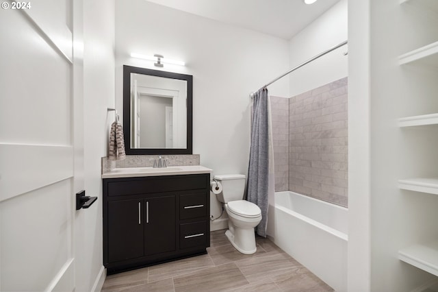 full bathroom with vanity, toilet, and shower / bathtub combination with curtain