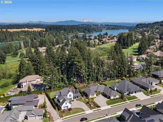 bird's eye view featuring a water and mountain view