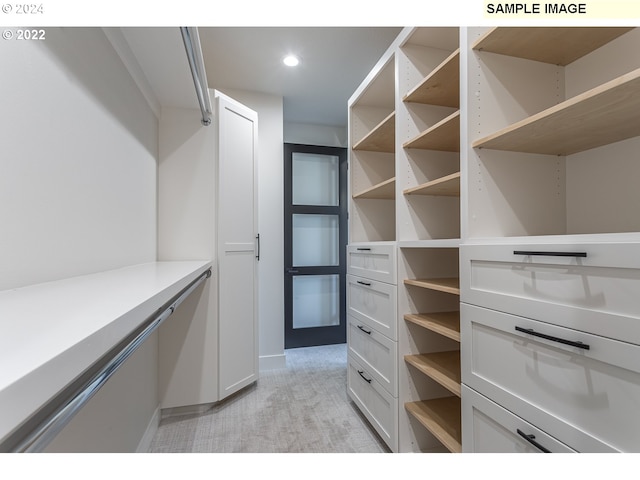 spacious closet featuring light colored carpet