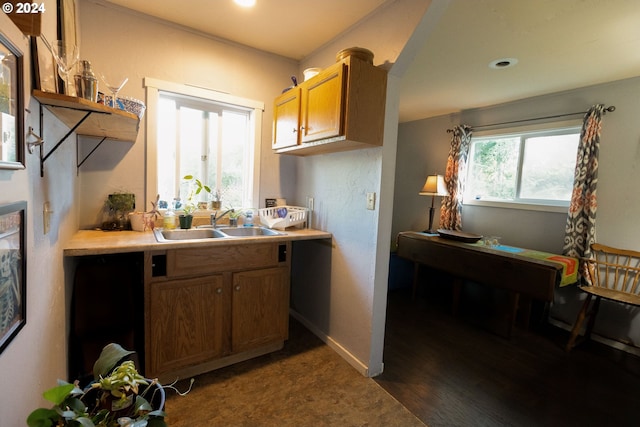 kitchen featuring baseboards, brown cabinetry, light countertops, open shelves, and a sink