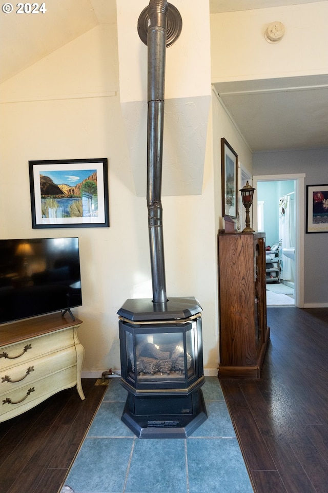 room details featuring a wood stove, baseboards, and wood finished floors