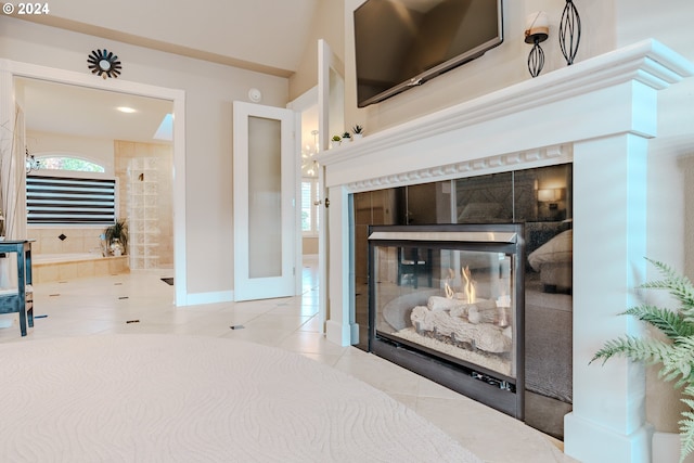 interior details with a tiled fireplace