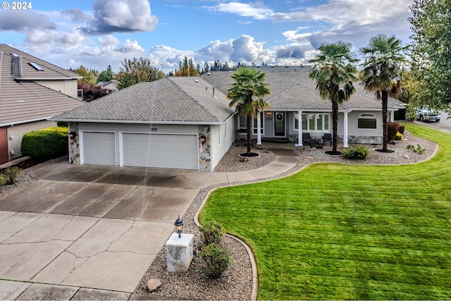 view of front of home featuring a garage and a front lawn