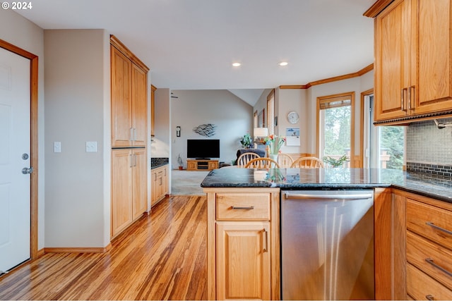 kitchen featuring backsplash, kitchen peninsula, light wood-type flooring, crown molding, and stainless steel dishwasher