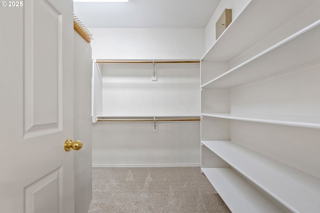 walk in closet featuring light carpet