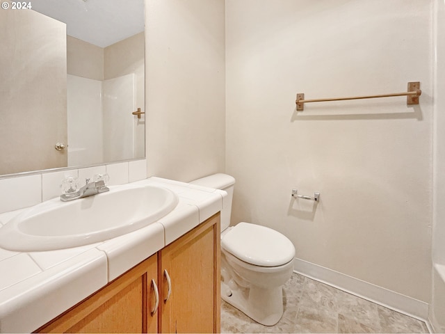 full bathroom with vanity, independent shower and bath, and toilet