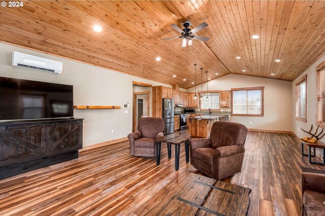 living room featuring ceiling fan, wood-type flooring, lofted ceiling, an AC wall unit, and wood ceiling