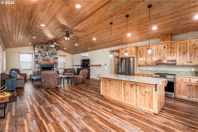 kitchen featuring ceiling fan, a fireplace, hardwood / wood-style floors, stainless steel appliances, and wooden ceiling