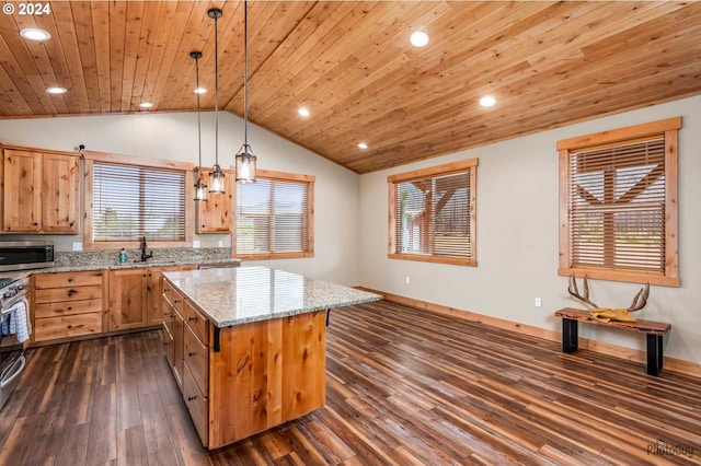 kitchen with appliances with stainless steel finishes, hanging light fixtures, dark hardwood / wood-style floors, lofted ceiling, and wooden ceiling