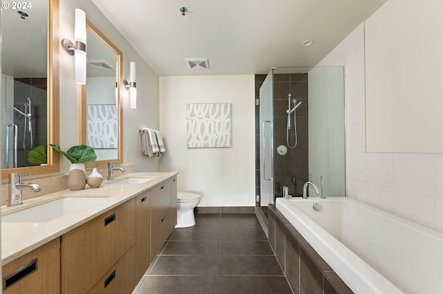 full bathroom featuring tile patterned flooring, toilet, vanity, and plus walk in shower