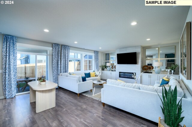 living room featuring a fireplace and dark hardwood / wood-style floors