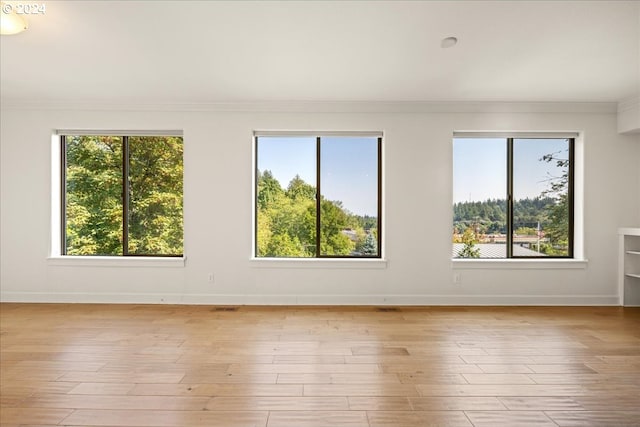 empty room with crown molding and light hardwood / wood-style floors