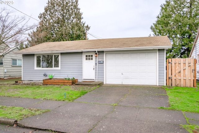 ranch-style house with a garage and a front yard