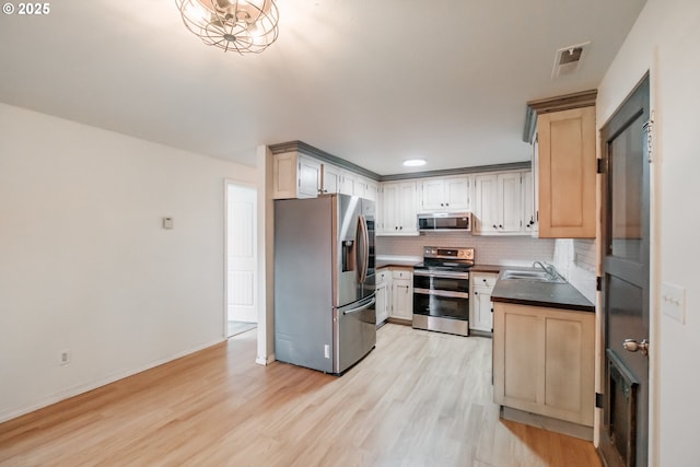 kitchen featuring tasteful backsplash, sink, light hardwood / wood-style floors, and appliances with stainless steel finishes