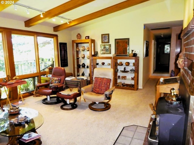 242 Rocky Point Ln, Roseburg, OR 97471 - carpeted living area featuring rail lighting and beamed ceiling