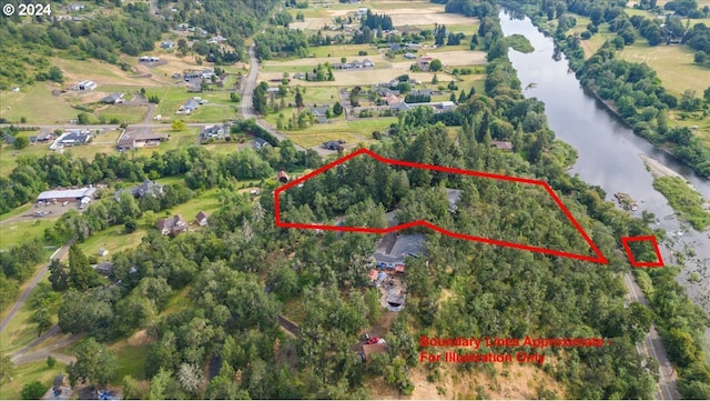 242 Rocky Point Ln, Roseburg, OR 97471 - aerial overview of property's location featuring a nearby body of water and property boundaries highlighted