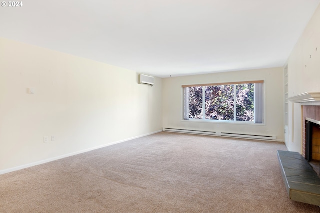 unfurnished living room featuring light colored carpet, baseboard heating, and a wall unit AC