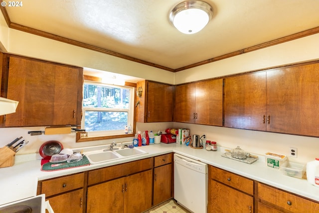 kitchen featuring sink, white dishwasher, and ornamental molding