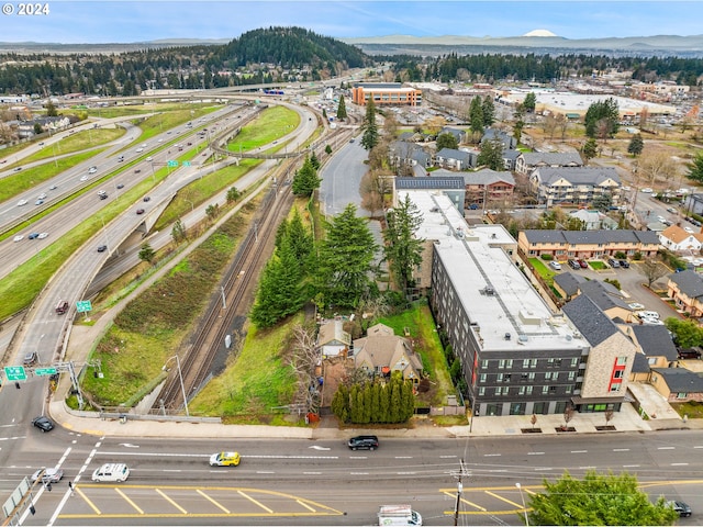 drone / aerial view featuring a mountain view