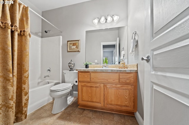 full bathroom featuring shower / bathtub combination with curtain, vanity, and toilet