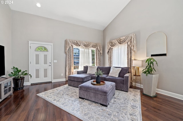 living room with high vaulted ceiling and dark hardwood / wood-style floors