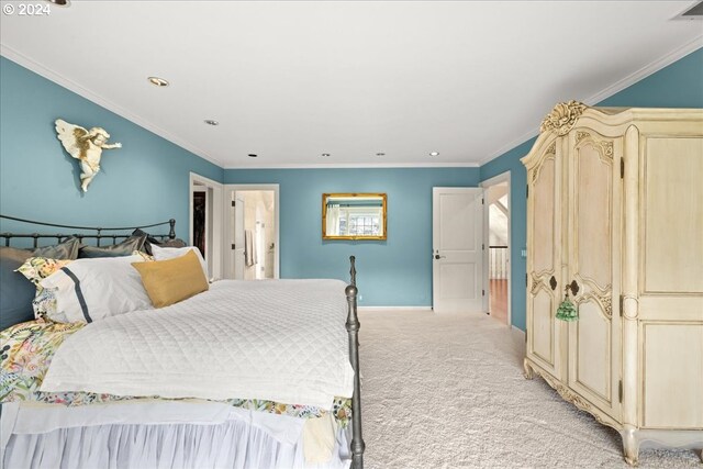 bedroom featuring ornamental molding and light carpet