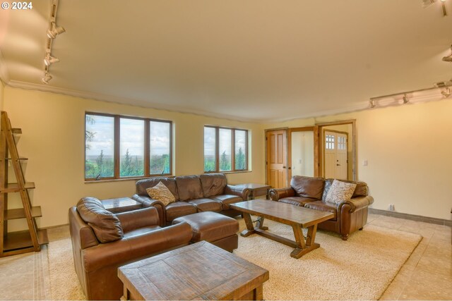 living room featuring crown molding, tile flooring, and rail lighting