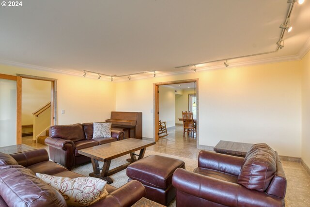 living room featuring rail lighting and crown molding